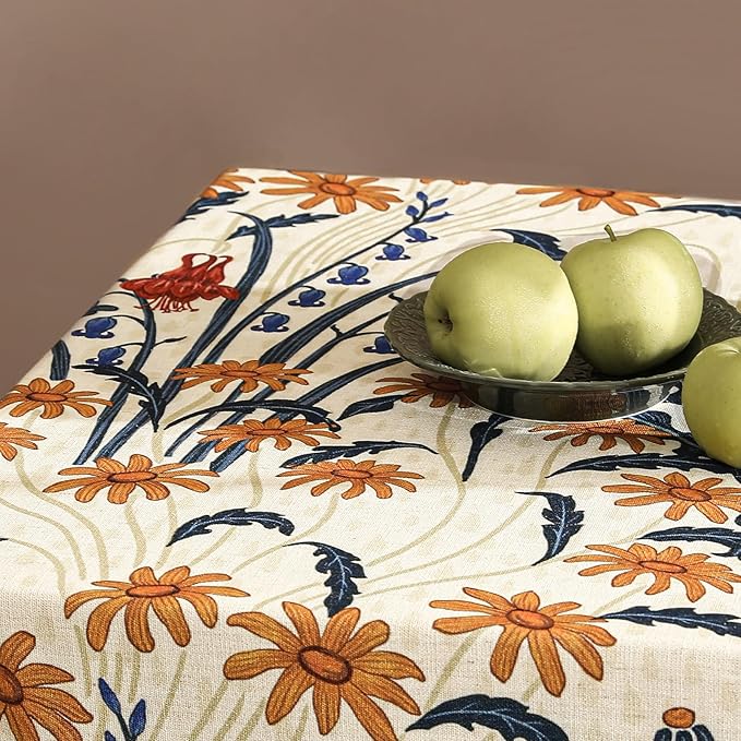 French Vintage Long Rectangular Tablecloth,Linen Tablecloth with Gold and Red Floral Pattern,Decorative Table Cover for Kitchen,Dining,Thanksgiving,Party,Living Room,63" × 94"-Tijuana