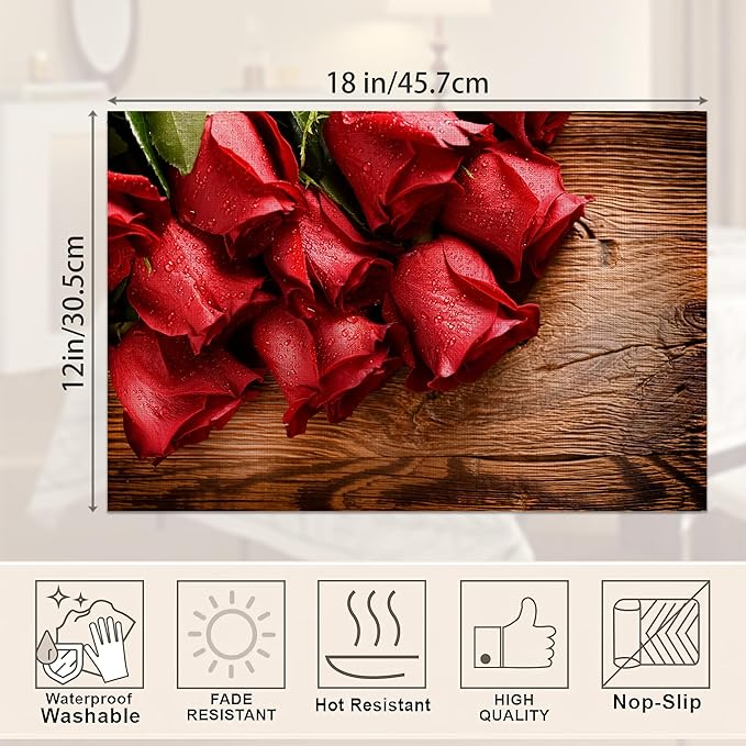 Vintage Wood Panel Red Rose Placemats Set of 6,Valentine's Day Place Mats Heat Resistant Washable Non-Slip Table Mats for Party Kitchen Dining Decor 12x18 Inch
