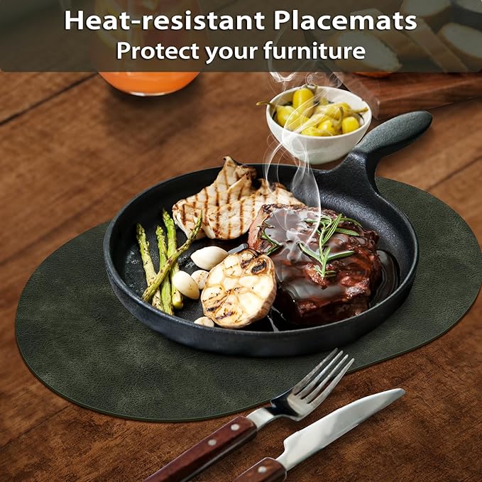 ADRIMER Placemats, Heat Resistant Oval Placemats Set of 8 Washable 12 x 17 Inch, Waterproof Table Mats, Wipeable Pu Place Mats for Kitchen, Dining Room, Olive Green