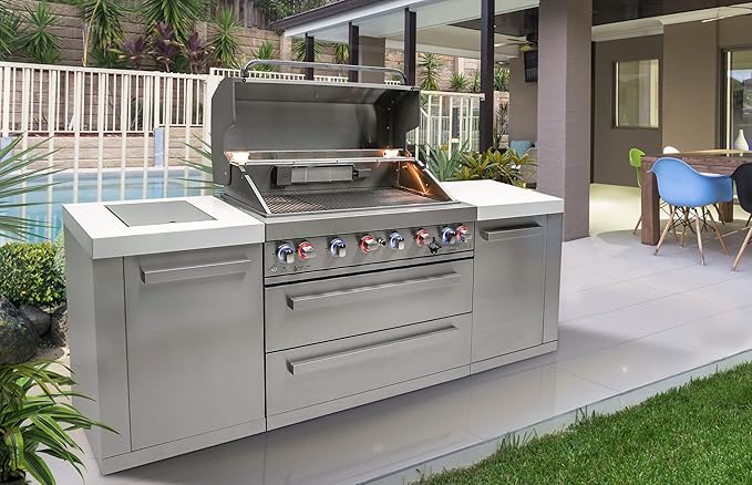 Mont Alpi MAi805 6-Burner 115000 BTU 44-inch Original Series Stainless Steel Outdoor Kitchen Modular Island Gas Grill + Infrared Side & Rear Burners + Granite Countertops + Storage Cabinets & Drawers