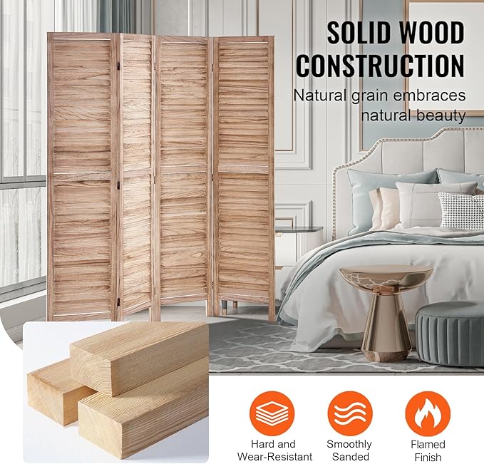 VEVOR Wood Room Divider, 4 Panel Wood Folding Privacy Screen, 66.9 Inches Tall Indoor Louvered Wooden Partition, Portable Decoration Screen, for Room Separation, Home, Office, Restaurant & Bedroom