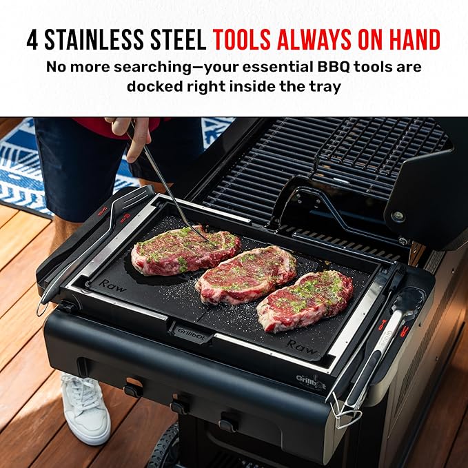 Grillbot FlipTray Dual-Sided Grilling Prep and Serving Tray - Raw/Cooked Food Separation, BBQ Grill Carry System Tray, Built-in Stainless Tools, BPA-Free, Dishwasher Safe, Tray for Outdoor Grill