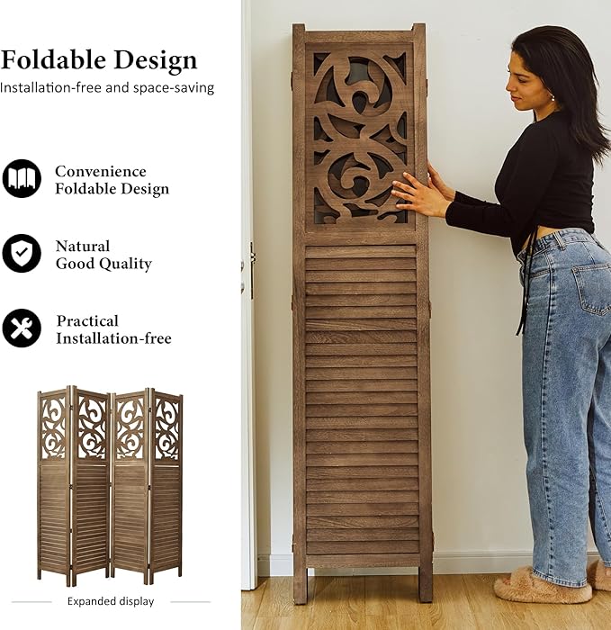 Room Divider Wood Carved Wall Divider Indoor Folding Portable Partition Screen for Home Office Garden Terrace - 4 Panel, 67 * 60inch (Dark Brown)