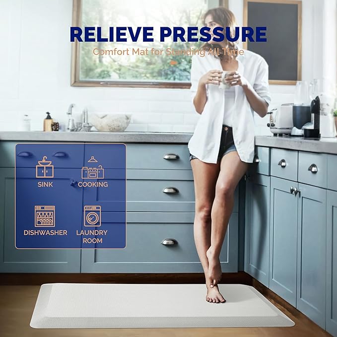 FEATOL Anti Fatigue Mats for Standing, 9/10 Extra Thick Ergonomic Standing Desk Mat, Comfort & Durable Memory Foam Standing Mat at Home,Office All Day (20" x 59", White, 1PC)