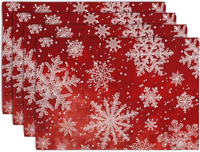 Red Snowflake Xmas Placemats Set of 4 Merry Christmas Snowflakes Linen Fabric Table Mats Seasonal Winter Holiday Washable Place Mats for Party Kitchen Dining Outdoor Indoor Decor