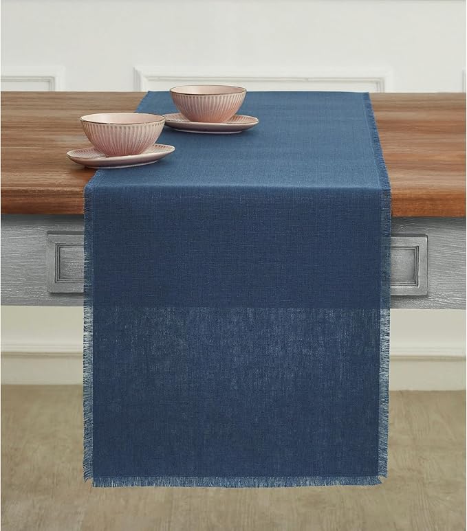 Solino Home Linen Vintage Blue Table Runner 90 Inches Long - Fringe, 100% Pure Linen Dining Table Runner 14 x 90 Inch for Winter, Spring, Easter