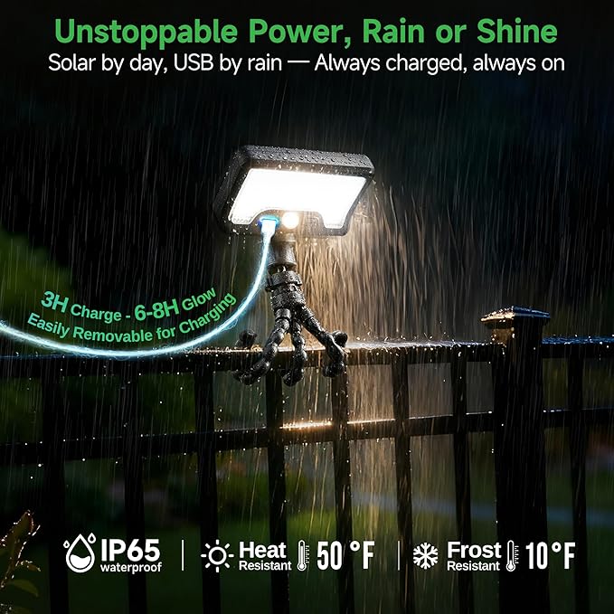 Solar Motion Sensor Outdoor Lights with Flexible Octopus Tripod, 600LM Lights with AC/DC Wired, IP65 Waterproof Adjustable Fixture Black for Camping Outside [4-Pack]