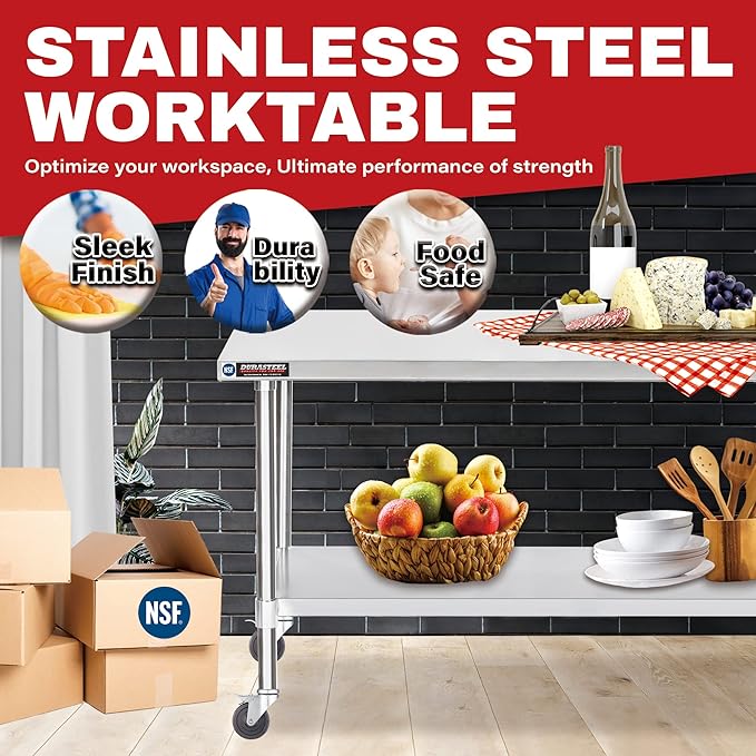 DuraSteel 30x60 NSF Stainless Steel Cart - Heavy Duty Food Prep Table with Undershelf - Rolling Kitchen Island on Wheels for Commercial Restaurant Kitchen, Garage, Outdoor Cooking, BBQ Grill, Counter