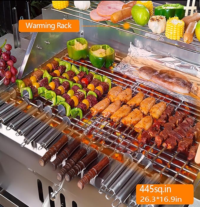 Large Charcoal BBQ Grills, Built in Barbecue Grill with Liftable Tray, Insulated Hood & Temp Gauge, Silver Stainless Steel BBQ Barrel Grill for Outdoor Kitchen Cooking Family Parties Patio Park Style