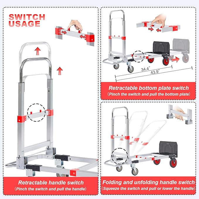Upgraded 3 in 1 Aluminum Folding Hand Truck, 600lbs Capacity, Heavy Duty Convertible Dolly with Retractable Handle and 4 Rubber Wheels, Collapsible Cart for Moving Home, Office, Warehouse (Red)