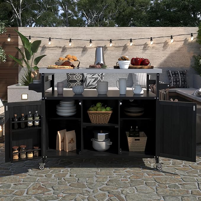 50.25" Grill Cart with Stainless Steel Tabletop - Outdoor Storage Cabinet for BBQ, Bar Patio Kitchen Island with Ample Storage and Lockable Wheels