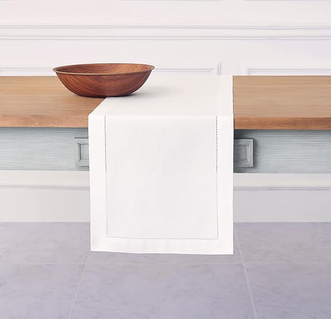 Solino Home Cotton Linen White Table Runner 72 Inches Long - Hemstitch Table Runner 14 x 72 Inch for Dresser, Dining, Winter, Valentines, Spring, Easter