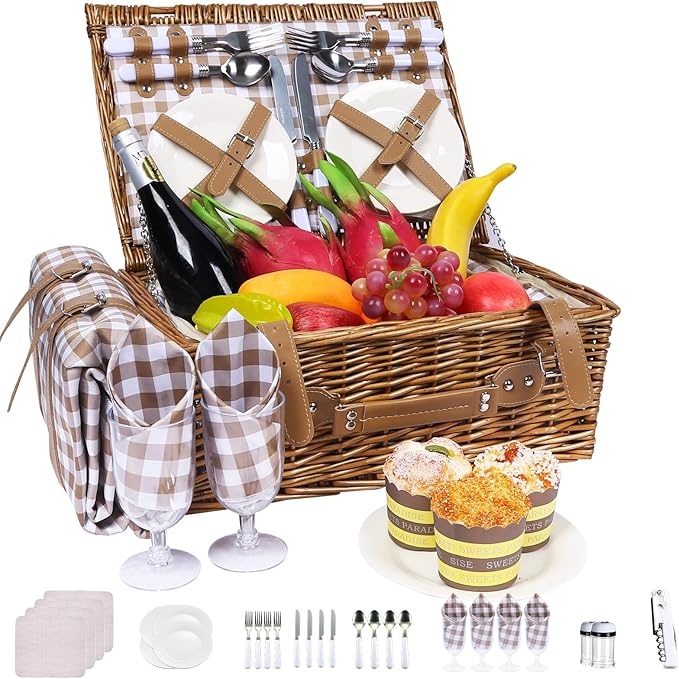 Neti Neti Wicker Picnic Basket for 4 with Insulated Cooler & Waterproof Blanket – Large Willow Picnic Hamper for Outdoor, Camping, Beach, Romantic Dates, Valentine’s Day