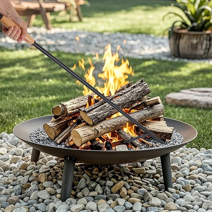 Fire Poker for Fire Pit Outdoor, 38 Inch Extra Long Iron Campfire Poker, 3 Part Assembled Fireplace Poker with Blower Poke and Wooden Handle for Indoor Wood Stove, Outdoor Camping, Bonfires
