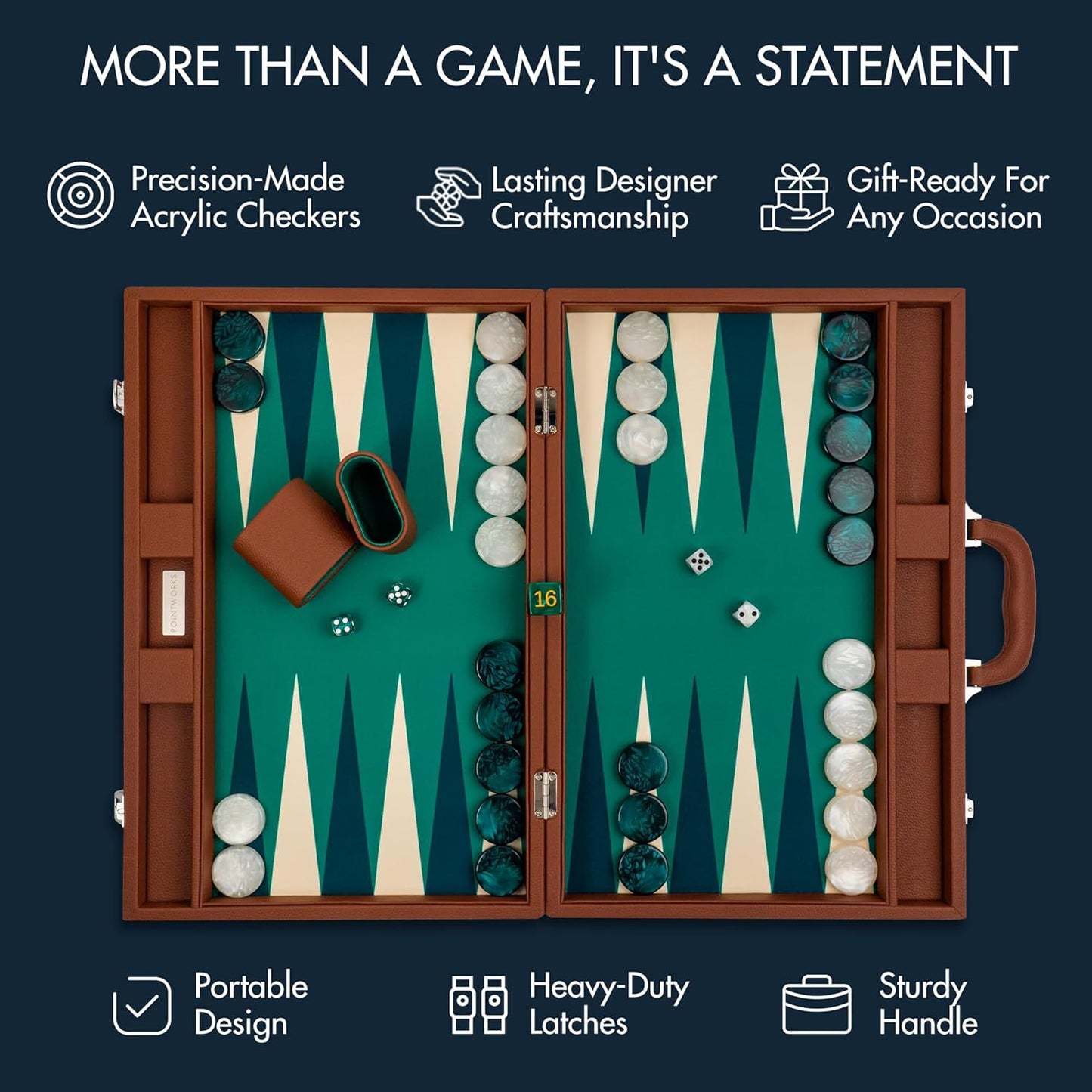 19 Inch Premium Backgammon Sets for Adults Leather Brown - Green. Premium 1.6 Inch Checkers & Dice Set, Travel Backgammon Set, Large, Backgammon Board Game, Backgammon Game Set