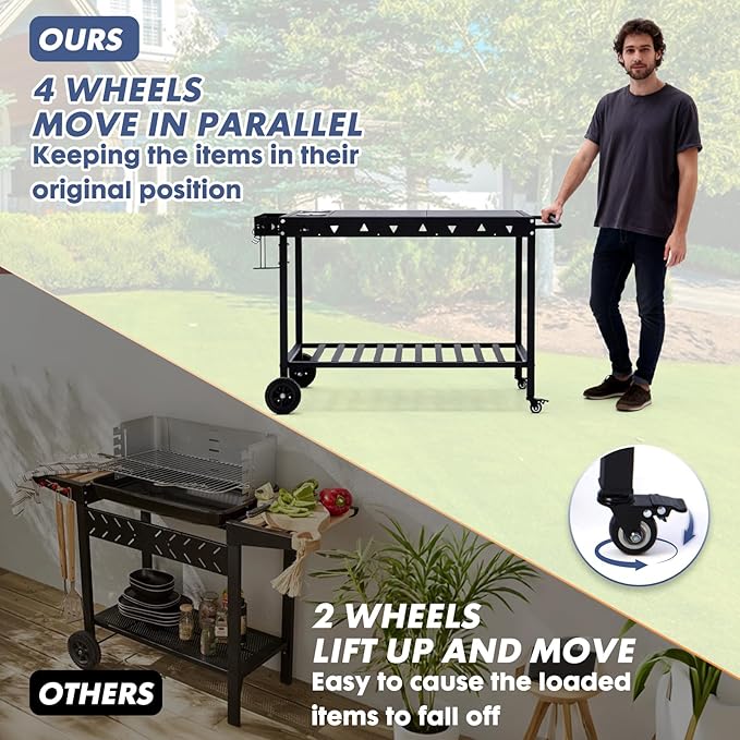 Portable Outdoor Grill Table with Wheels, Heavy-Duty Griddle Stand Grill Cart with Shelves,Towel Holder, Spice Pots & Bottle Opener, Multi-Functional BBQ Prep Station & Utility Cart