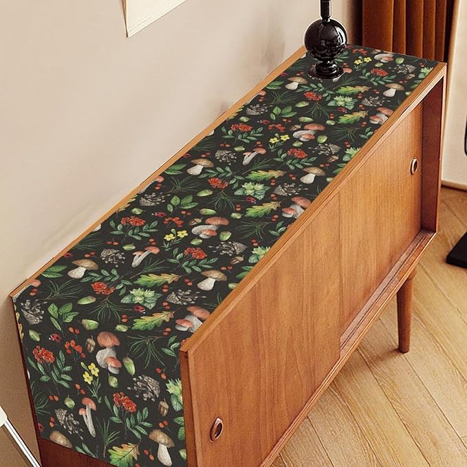 Mushroom Table Runner, Rustic Farmhouse Forest Plants Botanical Wild Floral Coffee Table Center Decor for Home Kitchen Dining Patio Holiday Party Indoor Outdoor Table Decorations, 13"x108" Inch