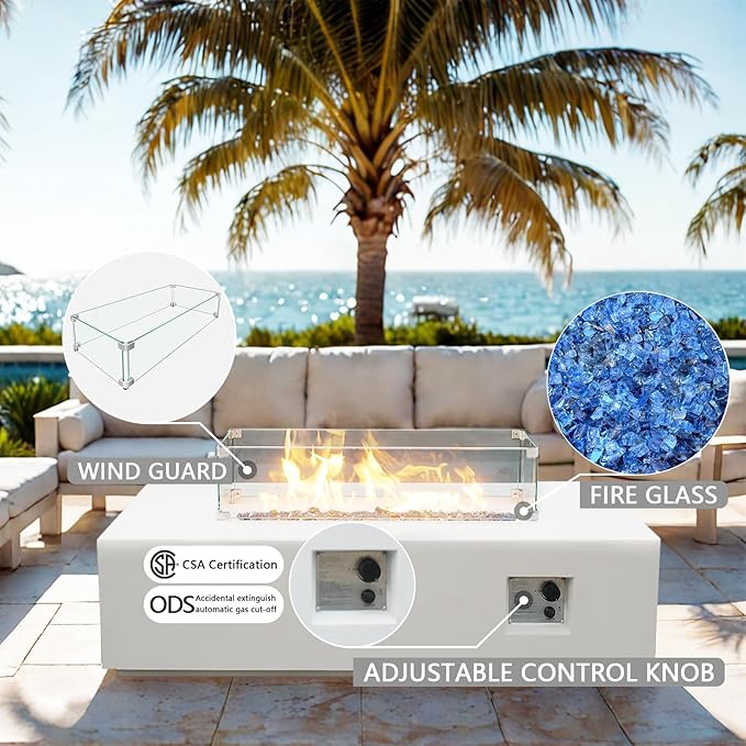 EXPLUX Outdoor Propane Gas Fire Pit Table 65,000 BTU 52-inch Concrete(GFRC) Rectangle Fire Pit for Outside Patio with 304 Stainless Steel Burner,Wind Guard,Crystal Blue Fire Glass,Rain Cover,White