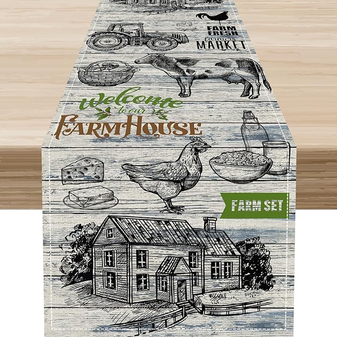 Farmhouse Cow Table Runner, Retro Rustic Country Barn Cottage Rooster Cow Animal Plank Coffee Table Center Decor for Home Kitchen Dining Patio Holiday Party Indoor Outdoor Table Decorations 13"x36"