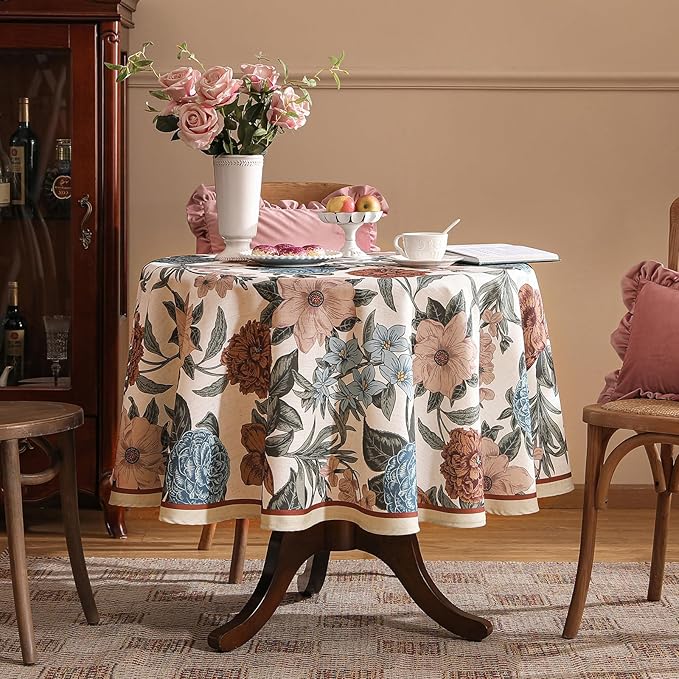 Designer French Linen Tablecloth for Round Table,Red and Blue Floral Rustic Durable Tablecloths,Decor Table Cover for Kitchen,Dining,Thanksgiving,Farmhouse,Diameter 67"-Burgundyred