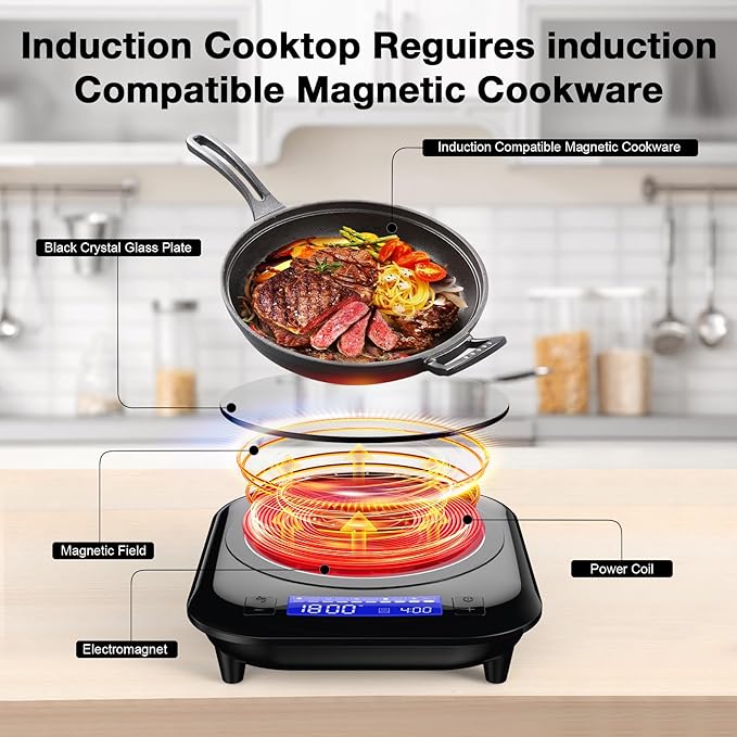 Single Induction Cooktop,1800W 110V Single Burner Cooktop,Induction Hot Plate with 5 Cooking Modes, Electric burner with LCD touch control,9 Temperature Levels & 4H Timer,Overheat protection
