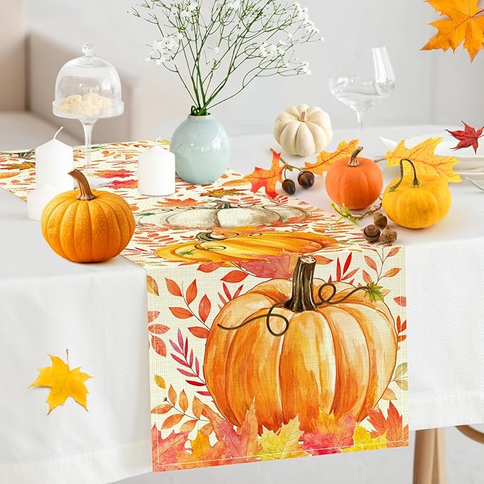 Pumpkin Fall Table Runner, Maple Leaf Autumn Thanksgiving Kitchen Table Decorations for Home Party Decor 13×72 Inches