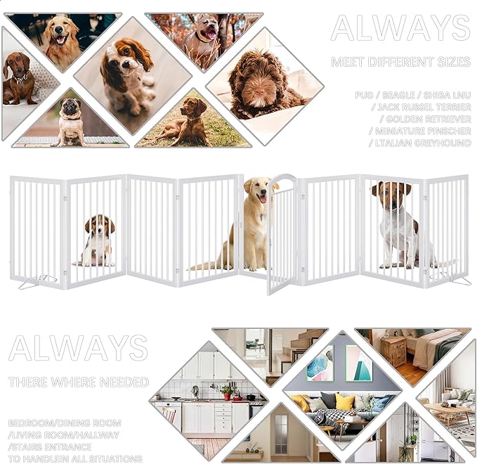 JSB 192-inch Extra Wide 30-inch Tall Dog gate with Door Walk Through,Full Matel Freestanding Round Tube Pet Gate for Halls Stairs, Puppy Safety Dog Fence with 4PCS Support Feet (White)