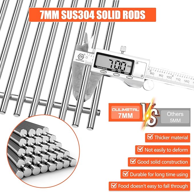 QuliMetal 66089 Grill Grates for Weber Genesis 2 E-410/E-415/E-435, Grill Parts for Weber GS4 Genesis II/LX E-440 Series Gas Grills, 18.7" SUS304 Stainless Steel Replacements for Weber 66089 66097