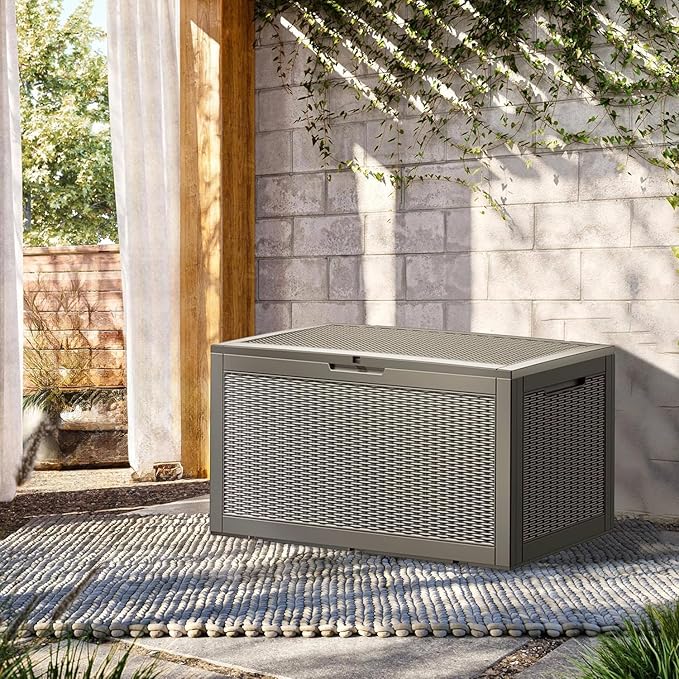 100 Gallon Resin Deck Box, Waterproof Outdoor Storage Box for Patio Furniture, Garden Tools, and Pool Accessories, Lockable UV-Resistant Storage Bin Bench Cabinet for Outside, Grey