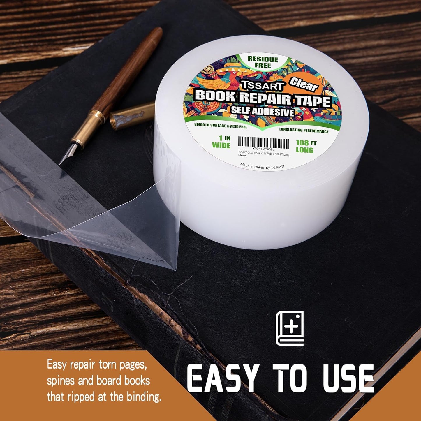 Clear Book Repair Tape - Self Adhesive Stretchable Book Tape, Essential Clear Repair Tape for Reinforcing Protecting, and Covering Mending Books Old Books - 1 Inch Wide x 108 FT Long