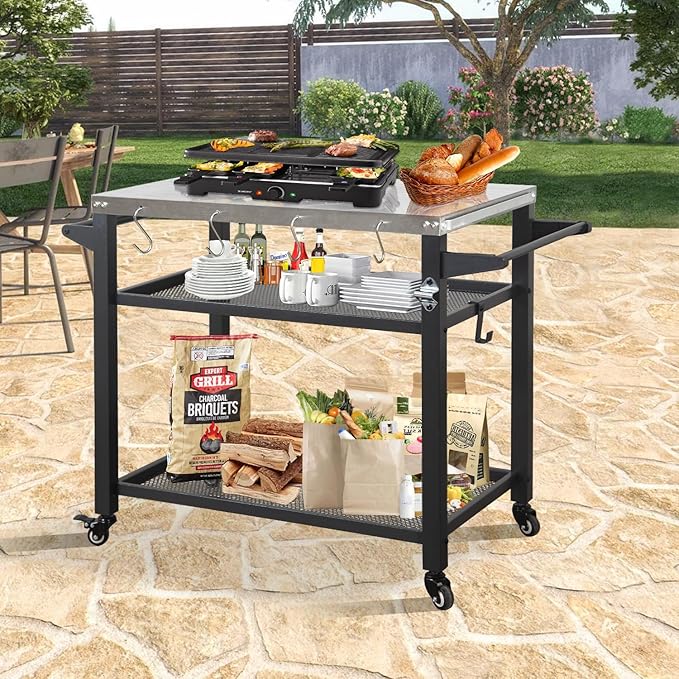 Domi 3-Tier Outdoor BBQ Grill Cart with Lockable Wheels | Portable Pizza Oven Stand & Food Prep Station | with Stainless Steel Tabletop & Propane Tanks | All-Weather Patio Cooking Center
