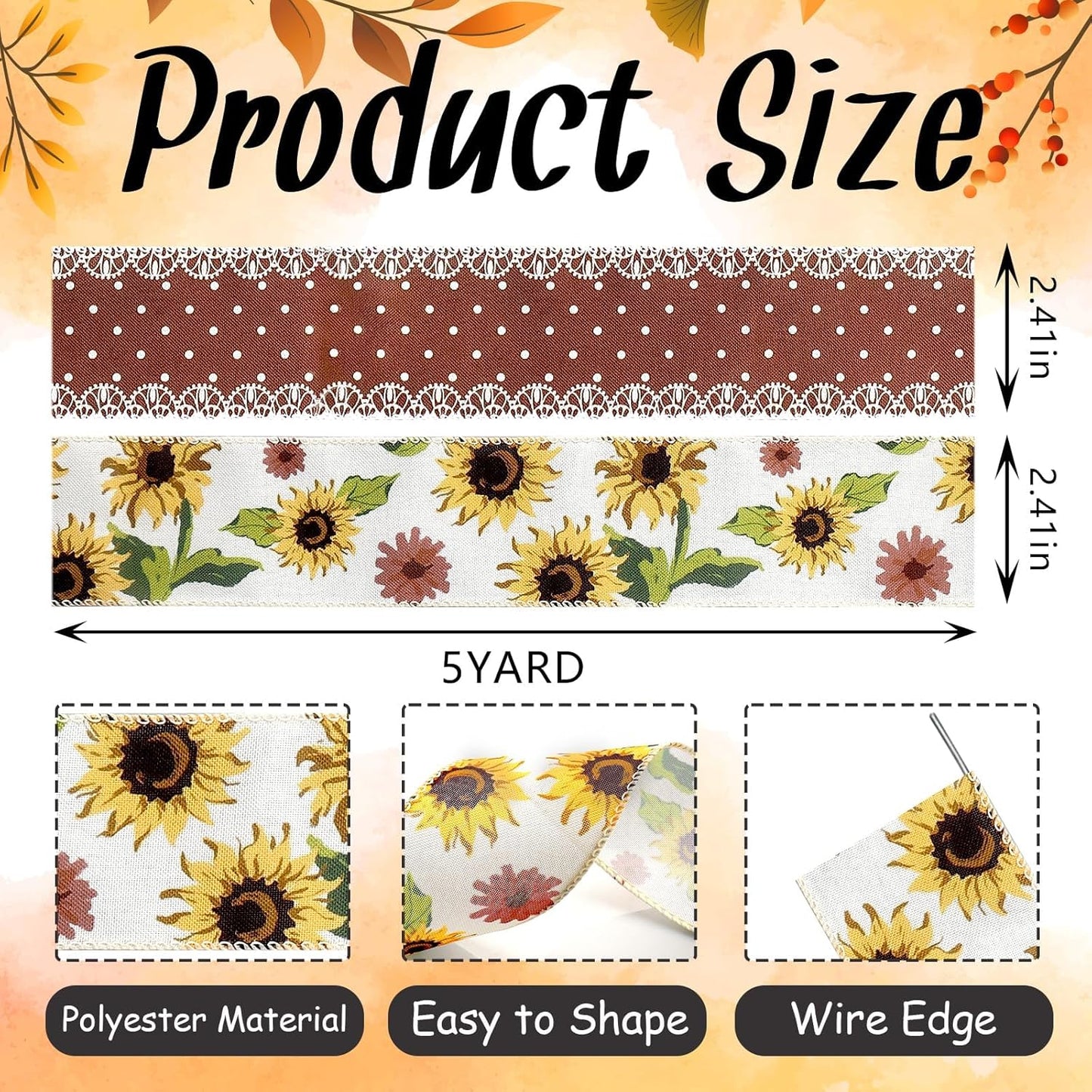2 Rolls 10 Yard Thanksgiving Fall Wired Ribbon for Crafts Wreath Bow Making Sunflower Dot Ribbon Autumn Harvest Burlap Ribbon for Wrapping Thanksgiving Party Home Decoration 2.5''
