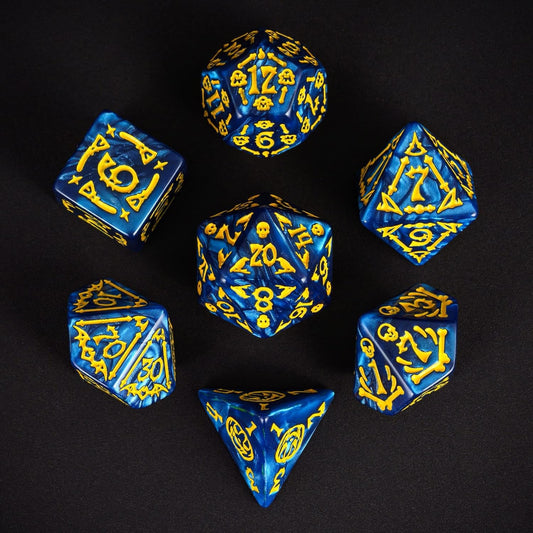 7-Die DND Dice Set Halloween Pattern Polyhedral Dice Set with Leather Bag, Skull Dice D&D Dice Set for RPG Table Games (Halloween Pattern-Blue)