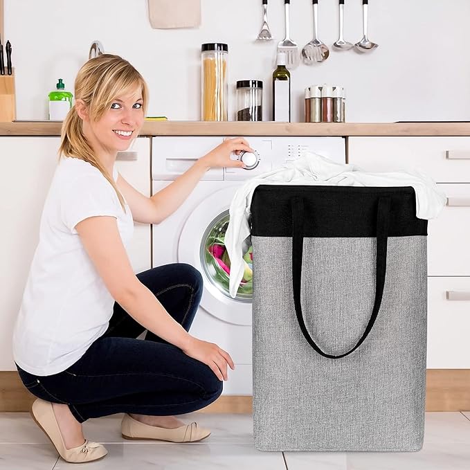 Laundry Hampers 15.2Lx7.5Wx23H Small&Tall Slim Fabric Laundry Baskets Thin Narrow Black+Gray Compact Hamper Capacity 43L for Space-Saving,QY-SC23-2