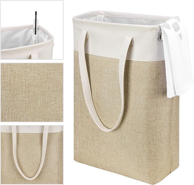 Laundry Hampers 15.2Lx7.5Wx23H Small&Tall Slim Fabric Laundry Baskets Thin Narrow Beige+Khaki Compact Hamper Capacity 43L for Space-Saving,QY-SC24-2