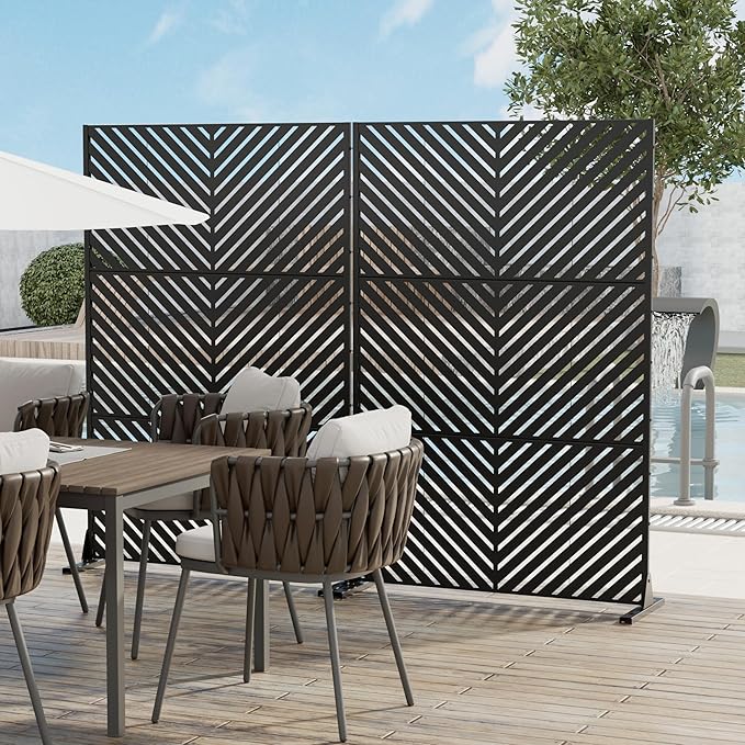 Casaphoria Metal Privacy Screen 72" H x 45" W, 2 Pack Outdoor Freestanding Decorative Divider for Patio & Garden with Stable Base, Black-Parallel