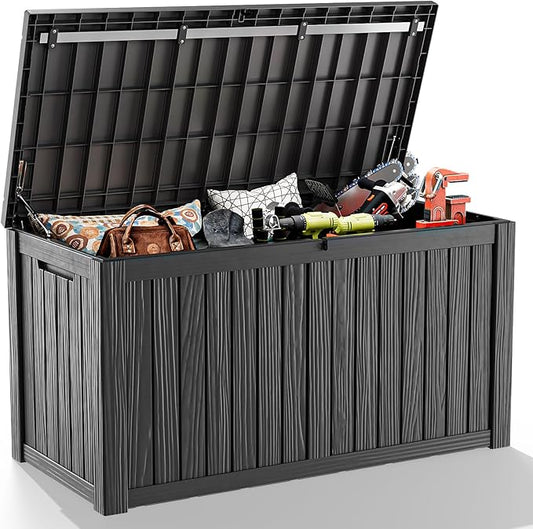 180 Gallon Resin Outdoor Deck Box Waterproof Patio Furniture, Garden Tools, Cushions, Pool Accessories Outside Storage (Black, 180 Gallon)