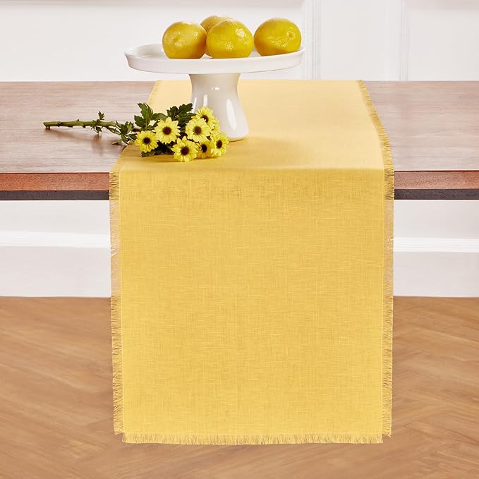 Solino Home Linen Fringe Table Runner 72 Inches Long - 100% Pure Linen Marigold Yellow Table Runner 14 x 72 Inch for Spring, Easter