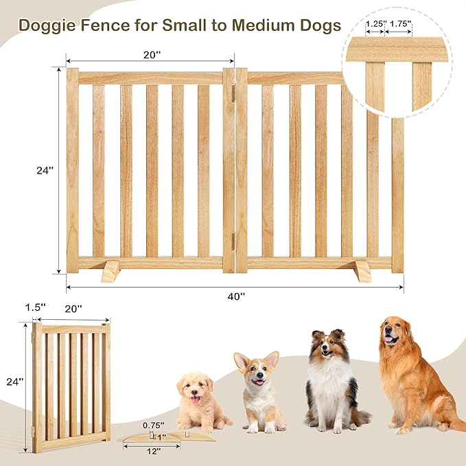24" Height Tall Freestanding Pet Gate, Solid Wood Folding Safety Fence Wooden Dog Gate with 2 PCs Support Feet Ideal for Stairs, Doorways, Halls, Kitchens, Heavy Duty Gates, 2 Panels, Natural