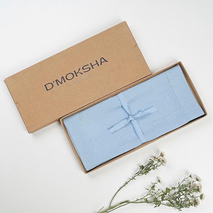 D'Moksha Homes Linen Powder Blue Table Runner 108 Inches Long - 100% Pure Linen 14 x 108 Inch Table Runner for Spring, Easter - Classic Hemstitch