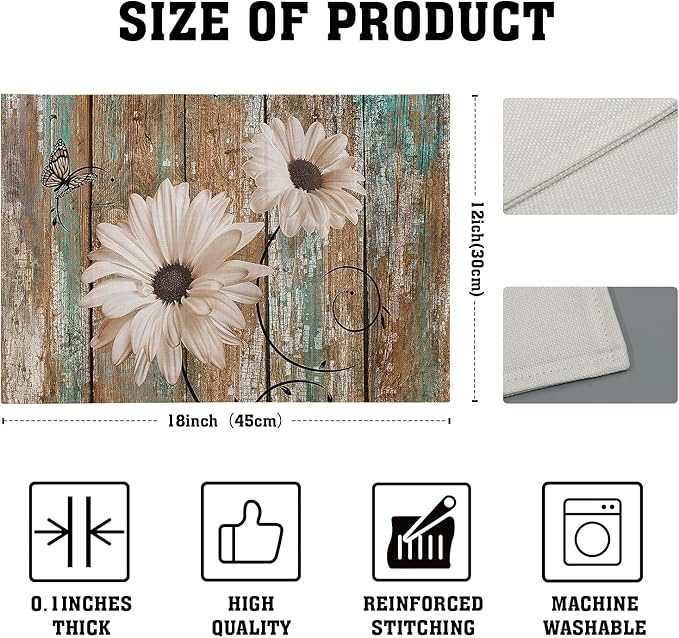 Giwawa Rustic Daisy Board Placemats- White Sunflowers on Vintage Wood Plank Linen Table Place Mat- Farmhouse Wooden Non-Slip Heat Resistant Table Mats for Dining Kitchen Cabin Lodge Decor