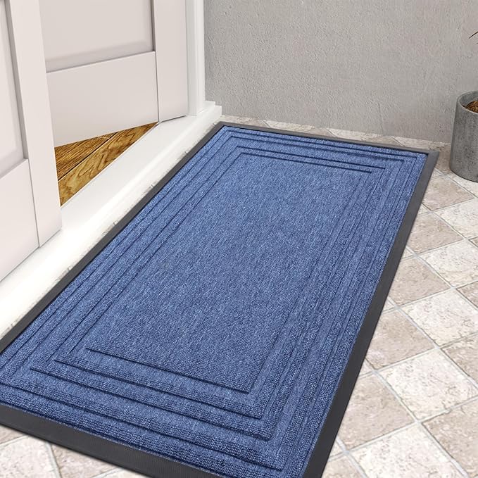 Buganda Front Door Mat Indoor Outdoor Entrance, Non-Slip Natural Rubber Doormats, Easy Clean, Low Profile, Dirt Trapper Entryway Floor Mats for Outside, Garages and Patios, 29.5x17, Blue