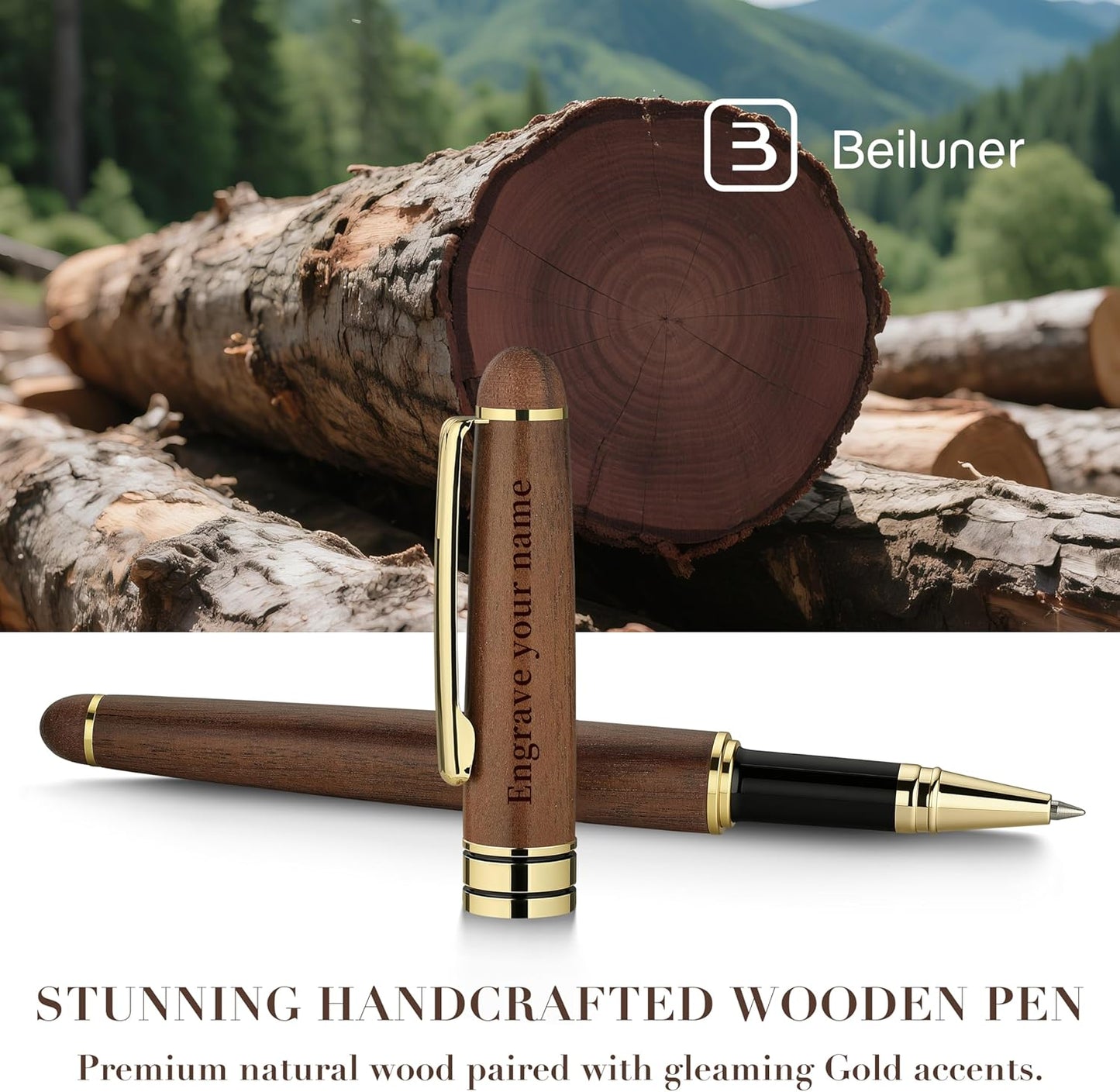 BEILUNER Luxury Personalized Wood Ballpoint Pen Writing Set,Walnut-Elegant Fancy Nice Gift Pen Set for Signature Executive Business Office Supplies - Christmas Gift Boxed with Extra Refills (Black)
