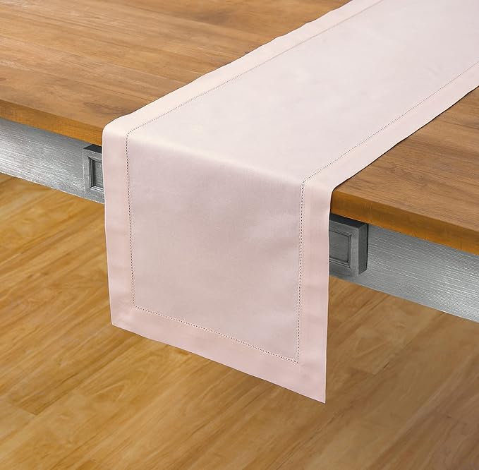 Solino Home Pink Table Runner 108 Inches Long - Cotton Linen Hemstitch 14 x 108 Inch Table Runner for Dining, Valentines, Spring, Easter