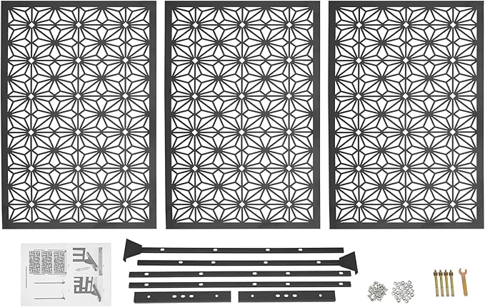 75" H×35" W Decorative Outdoor Privacy Screen with Stand, Outdoor Decor Privacy Fence Screen Metal Fence Panels, Free Standing Metal Divider for Patio Lawn Deck (Black-Small Snowflake)