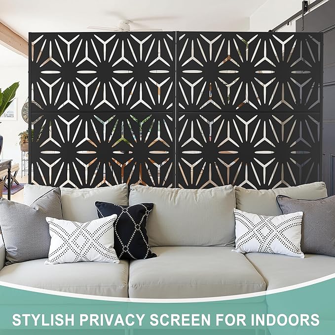 Metal Privacy Screen for Outdoor & Indoor Use, Free Standing Privacy Screen for Patio Garden Pool, 72" H x 47" W Decoative Privacy Panels, Weather Resistant, Easy Assembly (Black Star)