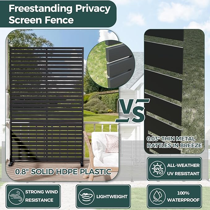 Privacy Fence Screen Outdoor Freestanding Privacy Panel, 72" H×47" W HDPE Decorative Panels with Stand, Room/Garden Divider, Outdoor Privacy Screen for Patio,Deck, Balcony, Pool