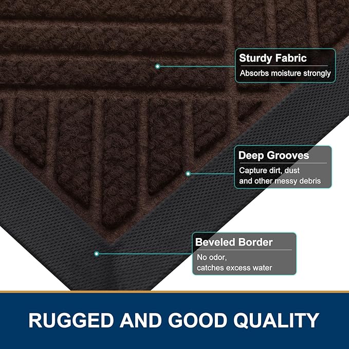 Smiry Front Door Mat Outside Entrance, Heavy Duty Outdoor Indoor Natural Rubber Doormat, Non Slip, Trap Dirt and Moisture, Easy Clean, Low Profile Patio Porch Entryway Mat, 29.5x17, Pure Brown