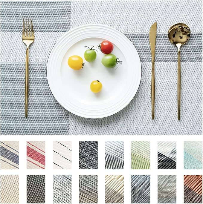 Placemats Set of 12 Vinyl/Plastic Woven Place Mats for Kitchen Table Indoor/Outdoor Washable Placemat Wipeable Dining Table Mats (Silver Cube,12)