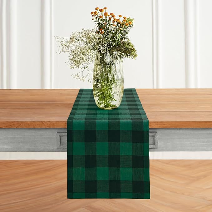 Solino Home Linen Checkered Table Runner 108 Inches Long - 100% Pure Linen Green and Black Buffalo Check Table Runner 14 x 108 Inch Ideal for Dining, Winter